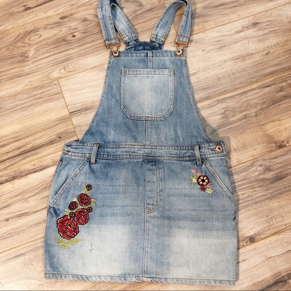 floral embroidered denim overall dress